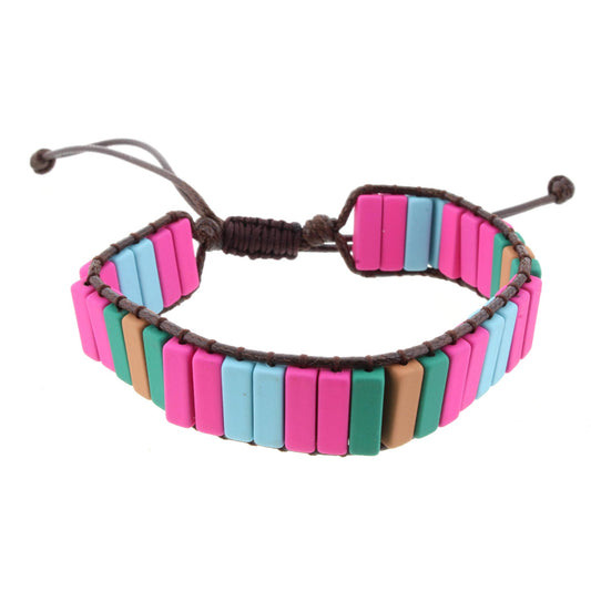 Rectangular Shaped Hot Pink, Green, Tan, and Baby Blue Metal Beaded Adjustable Bracelet