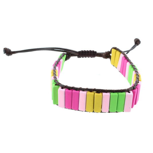 Rectangular Shaped Lime Green, Light Pink, Yellow, and Hot Pink Metal Beaded Adjustable Bracelet