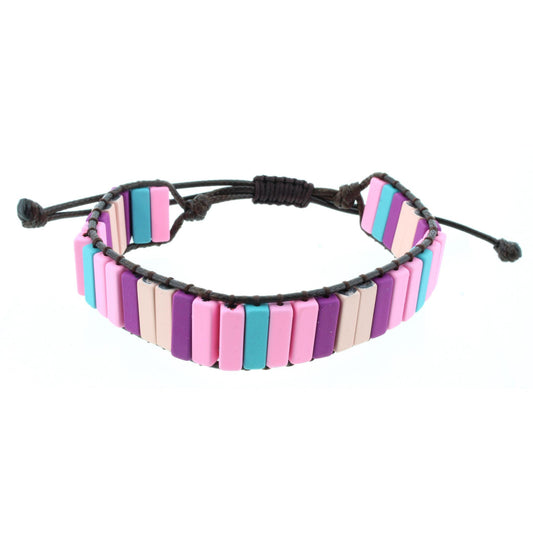 Rectangular Shaped Pink, Turquoise, Purple, and Peach Metal Beaded Adjustable Bracelet