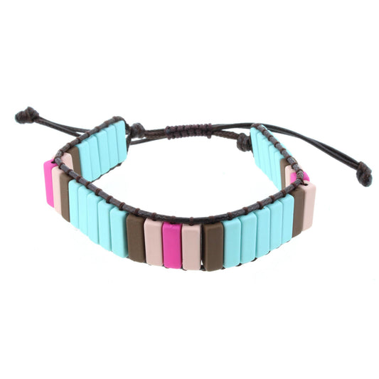 Rectangular Shaped Mint, Brown, Peach, and Hot Pink Metal Beaded Adjustable Bracelet