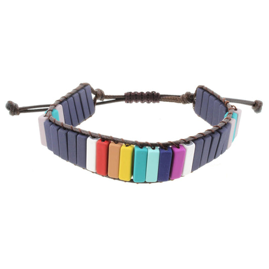 Rectangular Shaped Navy, Grey, Teal, and Multi Color Metal Beaded Adjustable Bracelet