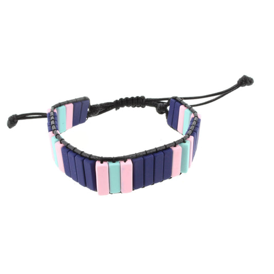 Cylindrical Shaped Mint, Light Blue, and Peach Metal Beaded Adjustable Bracelet