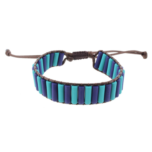 Cylindrical Shaped Teal and Blue Metal Beaded Adjustable Bracelet