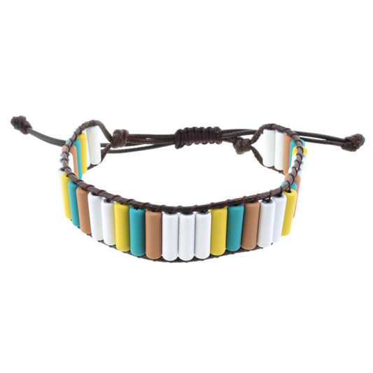 Cylindrical Shaped White, Yellow, Teal, and Tan Metal Beaded Adjustable Bracelet