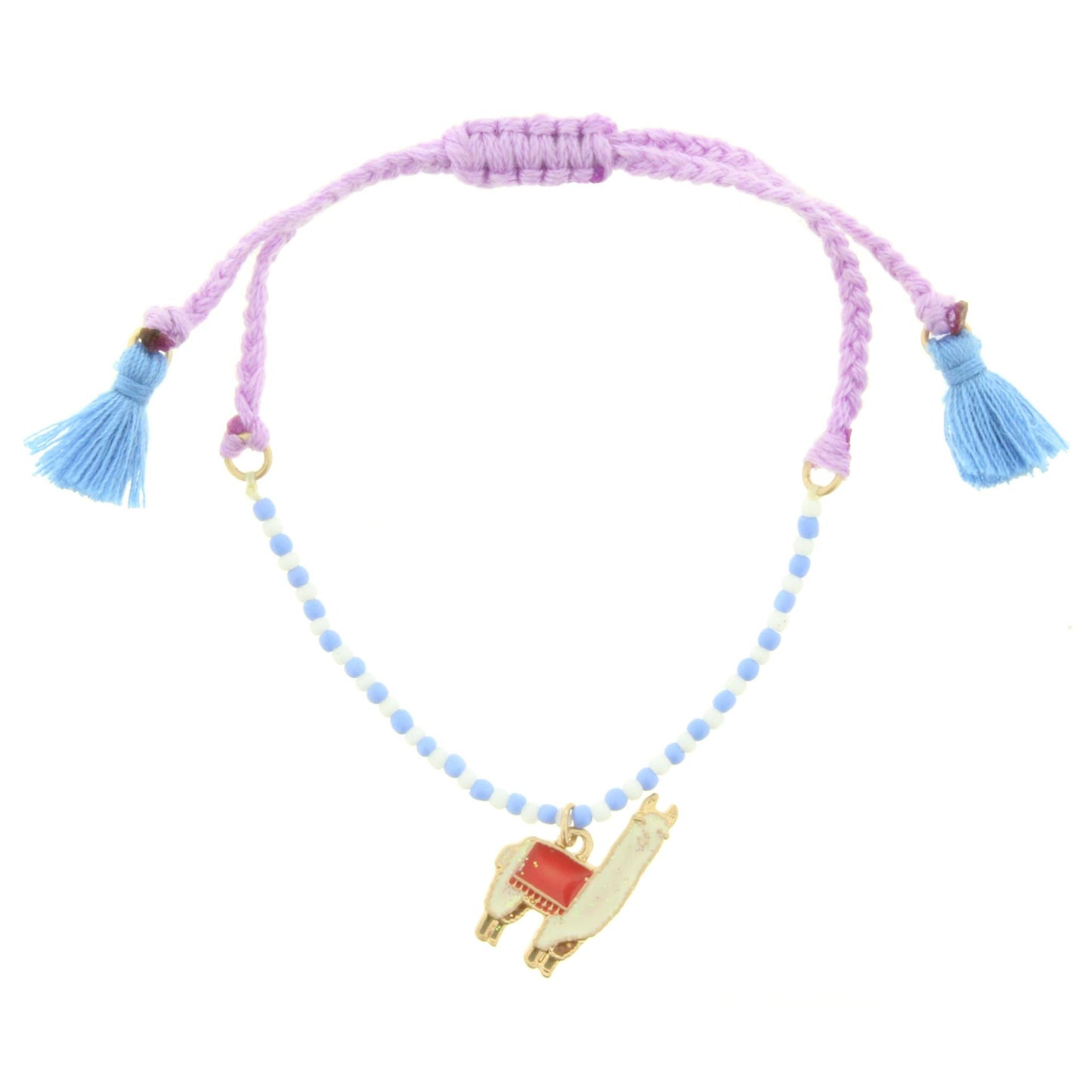 Kids Blue/White Beaded and Braided Adjustable Bracelet with Llama