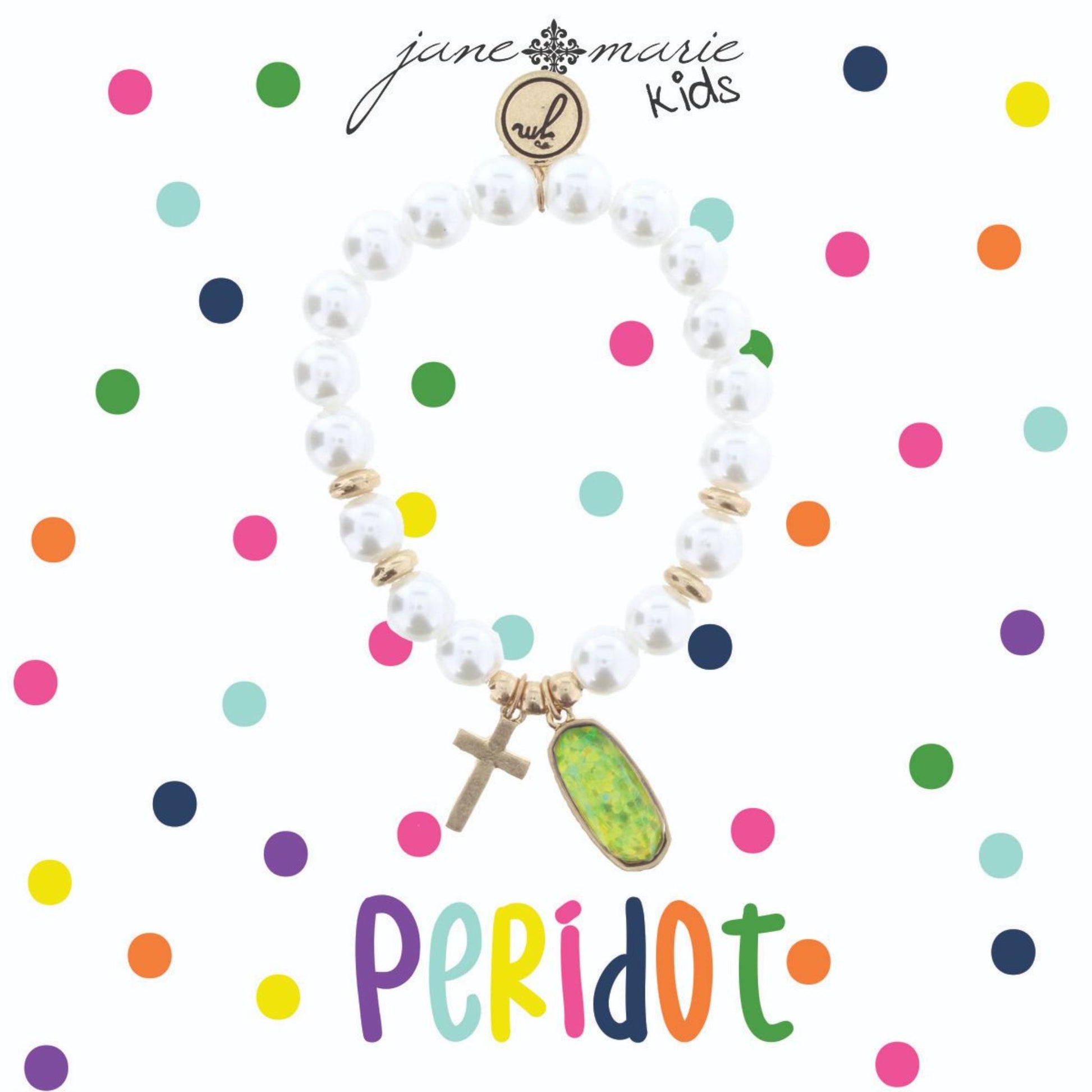 Kids Pearl Stretch Bracelet with Cross & August Birthstone Charm, Peridot COlored Glitter