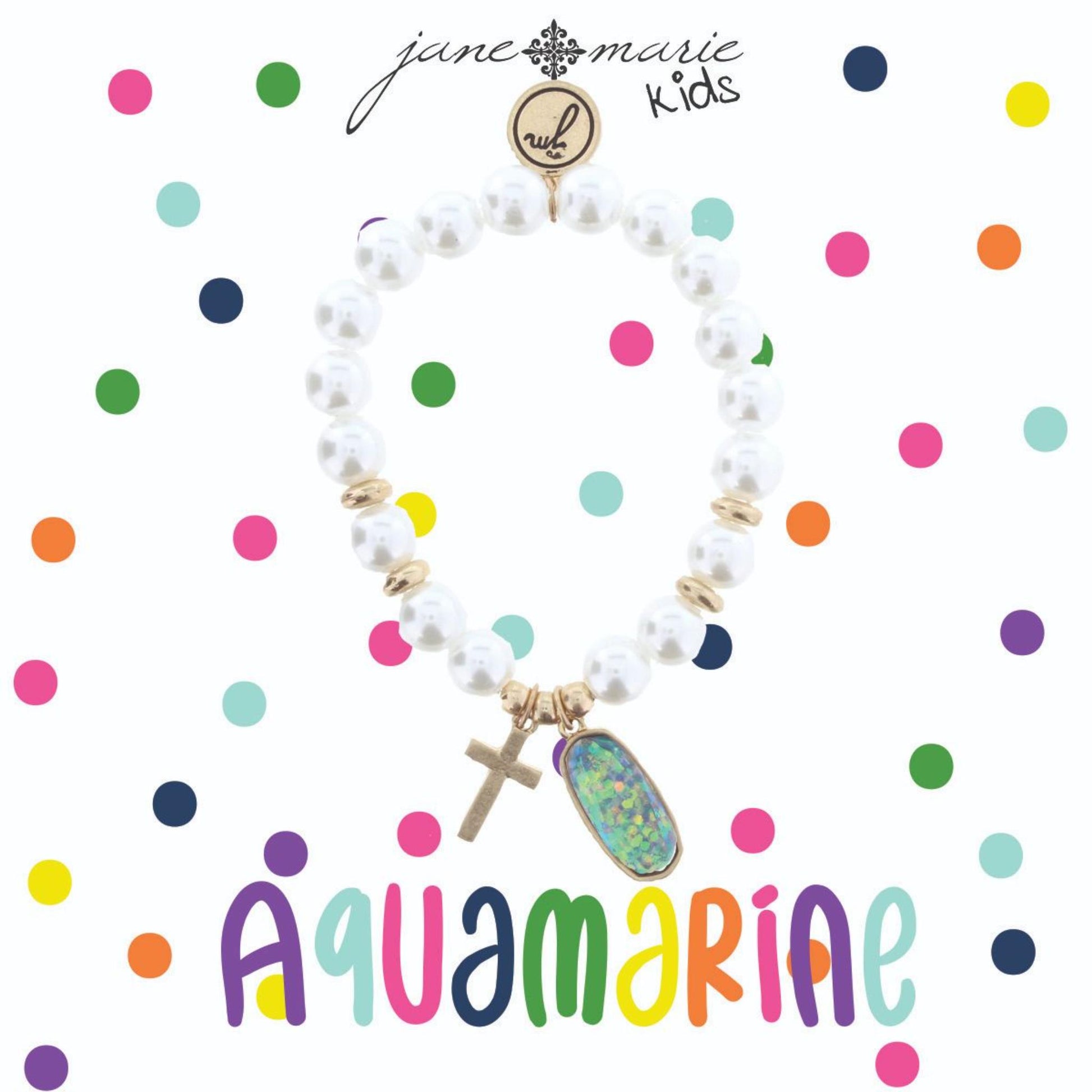 Kids Pearl Stretch Bracelet with Cross & March Birthstone Charm, Aquamarine Colored Glitter