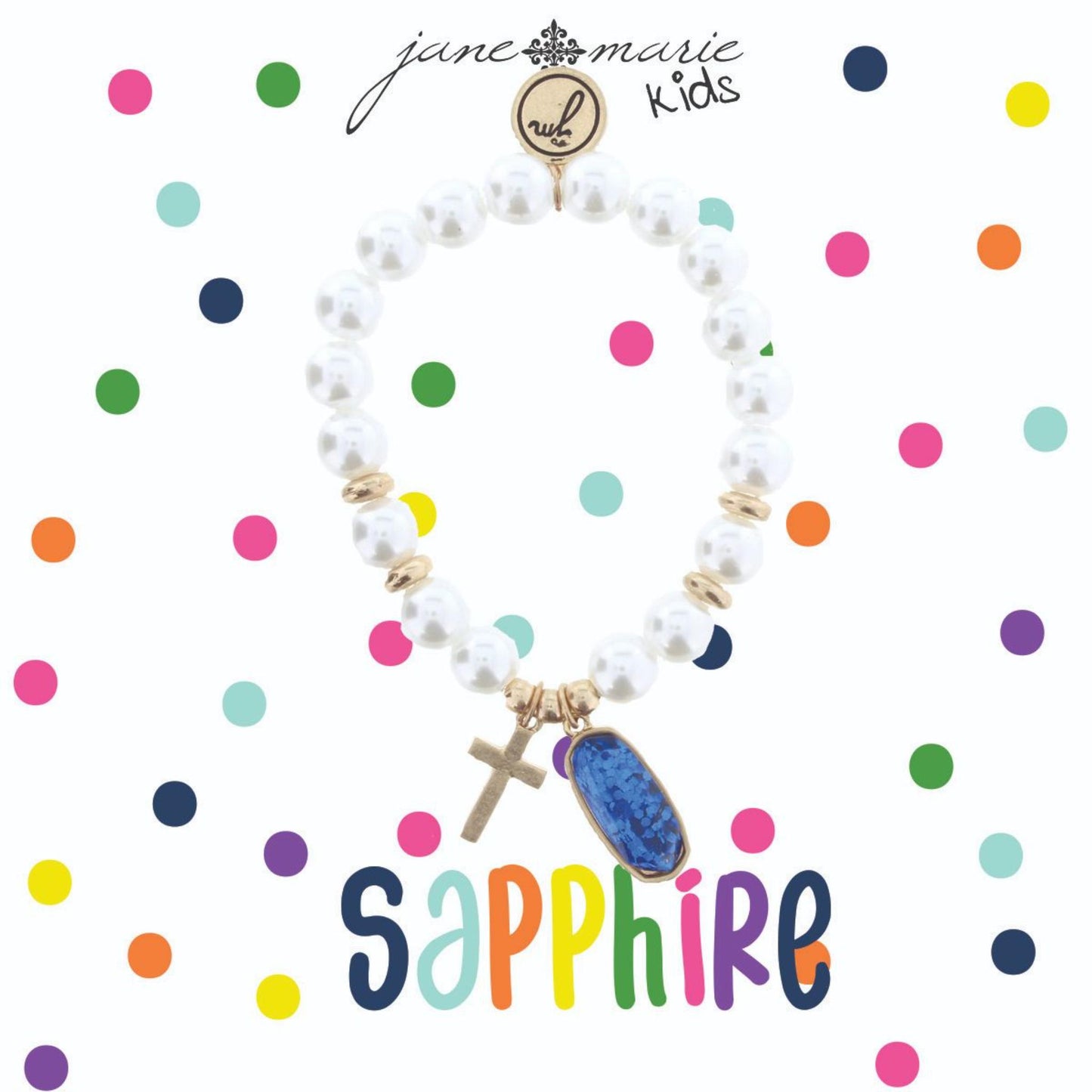 Kids Pearl Stretch Bracelet with Cross & September Birthstone Charm, Sapphire Colored Glitter