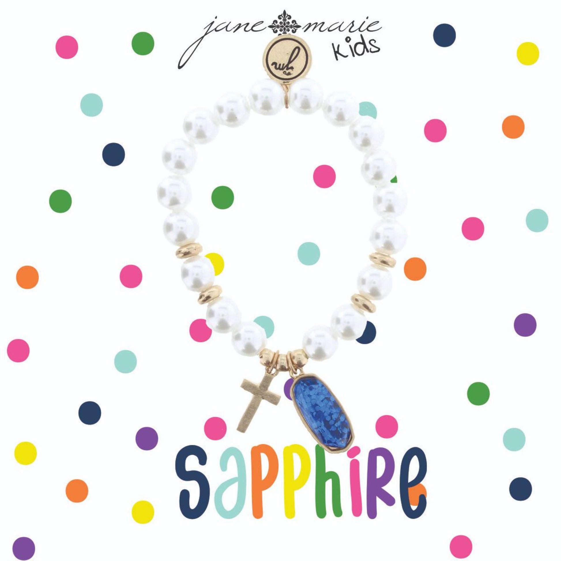 Kids Pearl Stretch Bracelet with Cross & September Birthstone Charm, Sapphire Colored Glitter