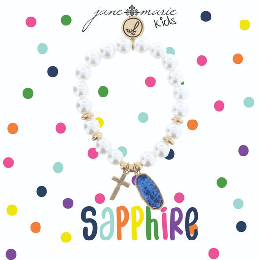 Kids Pearl Stretch Bracelet with Cross & September Birthstone Charm, Sapphire Colored Glitter