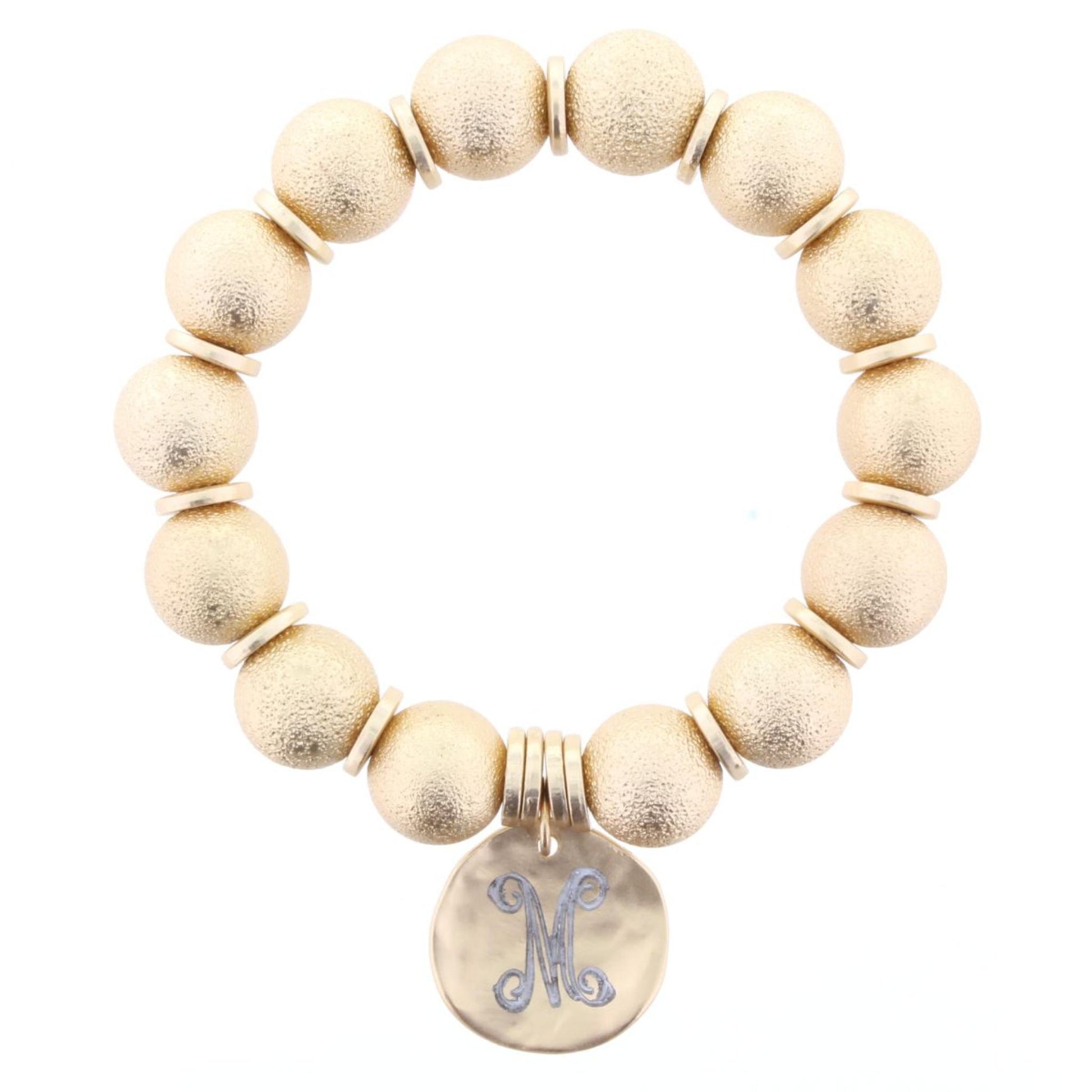 Gold Beaded Stretch Bracelet with "M" Engraved Gold Disk
