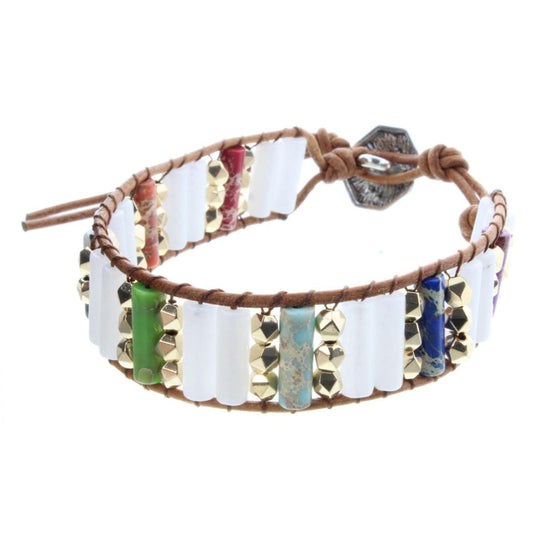White & Multi Colored Cylinder Stone Button Closure Bracelet