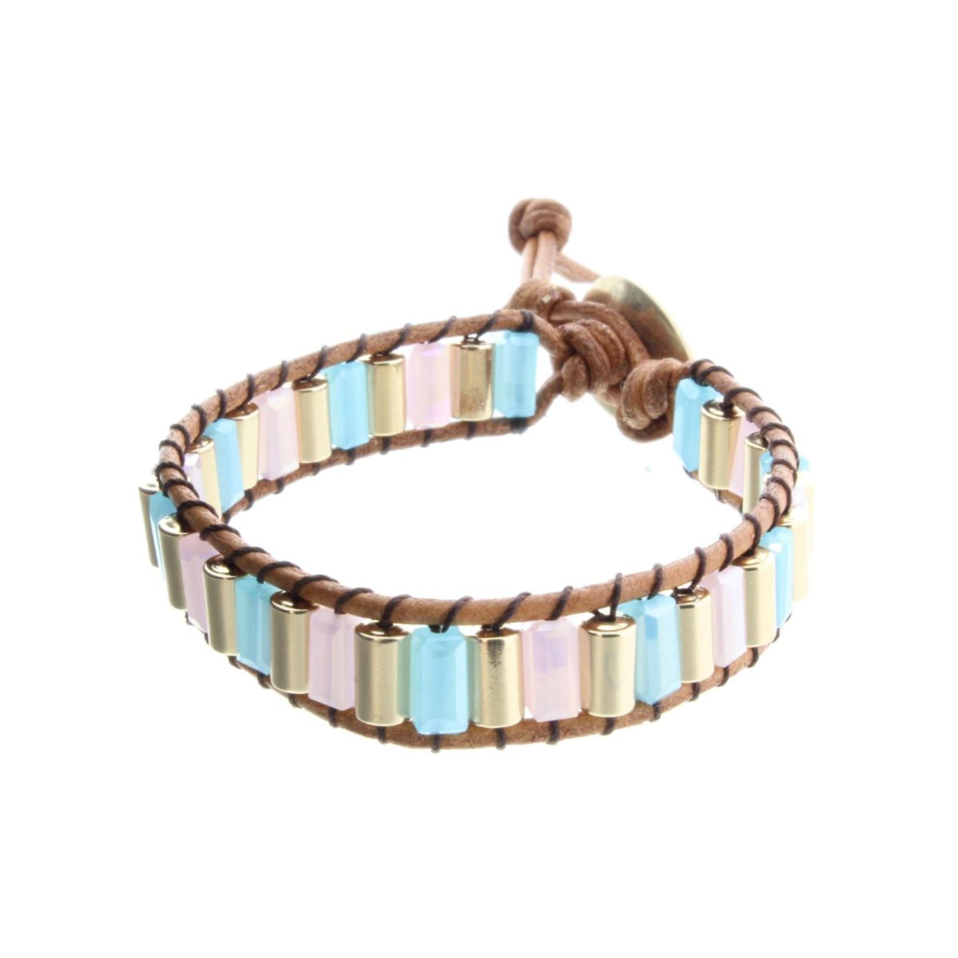 Kids Blue, Pink, Gold Faceted Bead Button Closure Bracelet