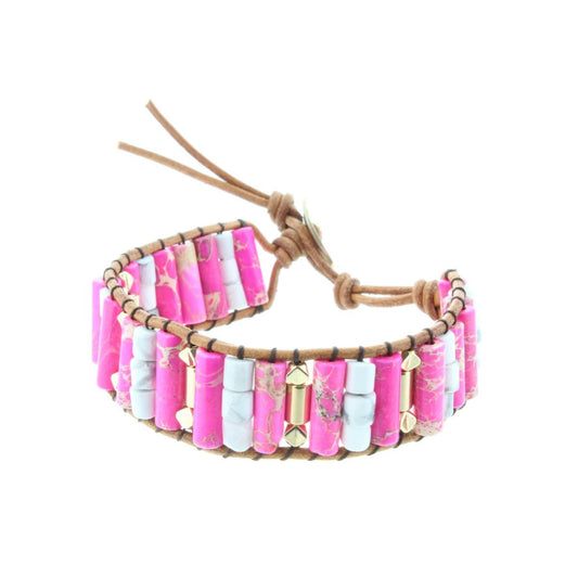 Kids Pink & White Stone Button Closure Bracelet