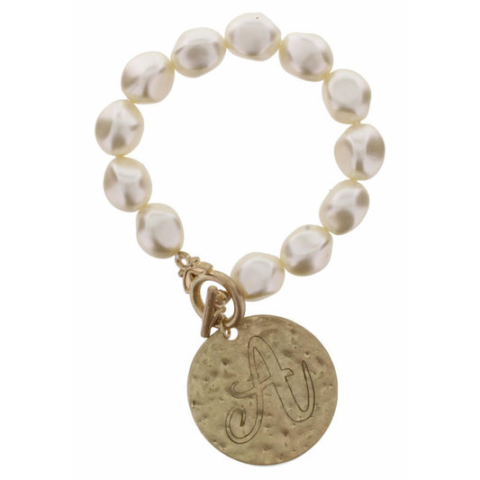Pearl Stretch with Disk Initial "A" Bracelet