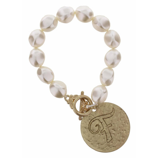 Pearl Stretch with Disk Initial "F" Bracelet