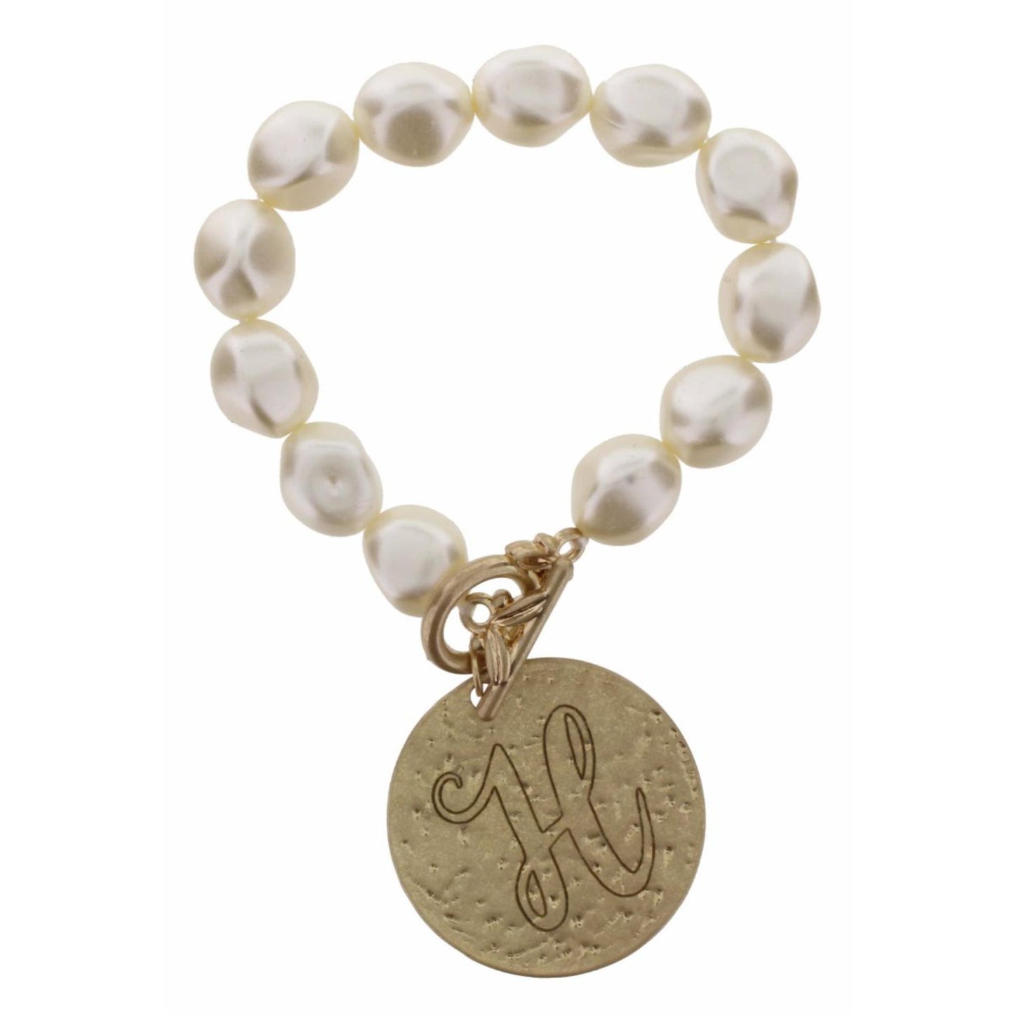 Pearl Stretch with Disk Initial "H" Bracelet