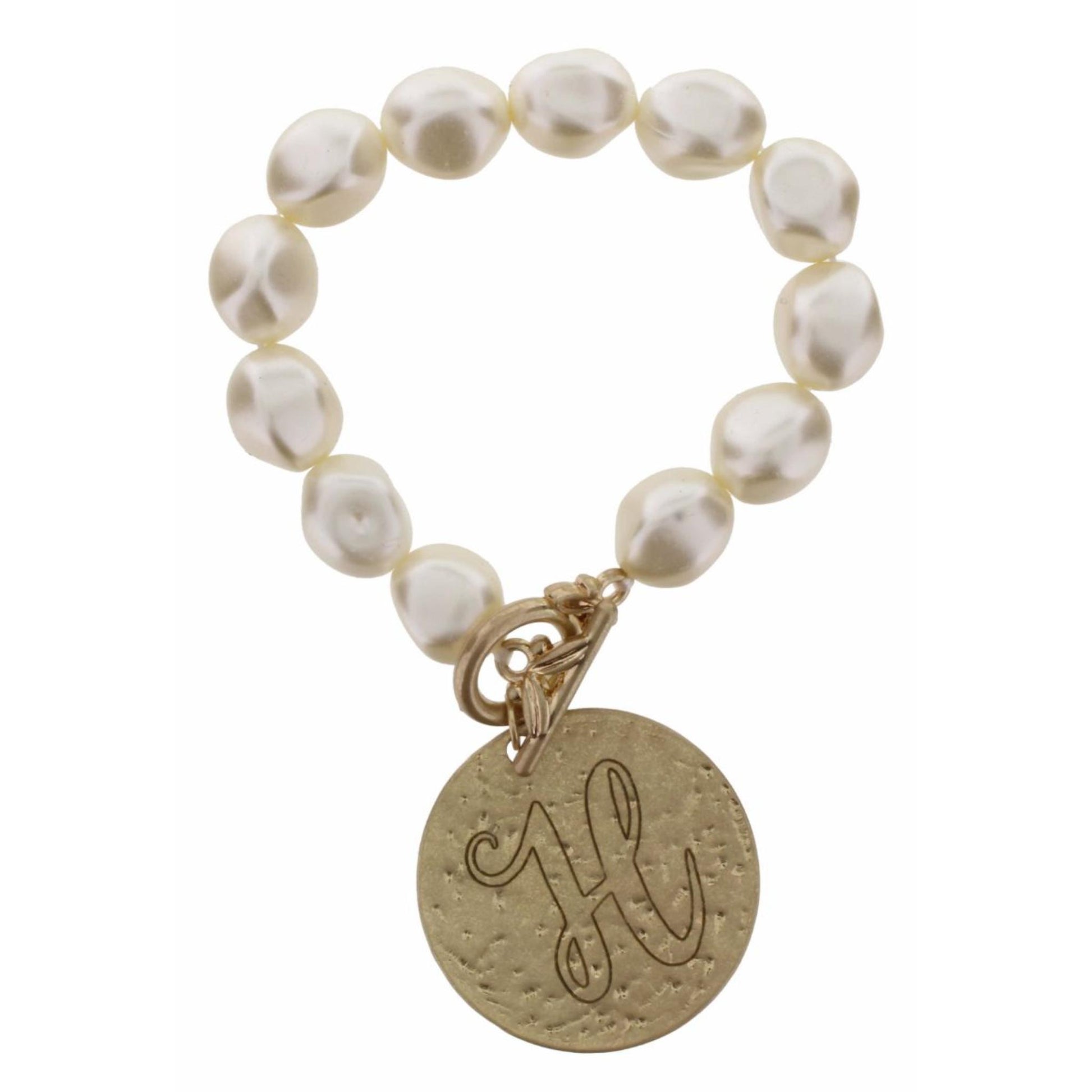 Pearl Stretch with Disk Initial "H" Bracelet