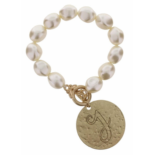 Pearl Stretch with Disk Initial "J" Bracelet