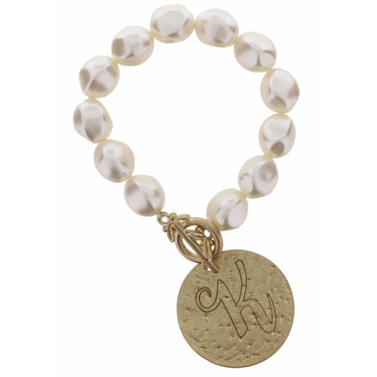Pearl Stretch with Disk Initial "K" Bracelet