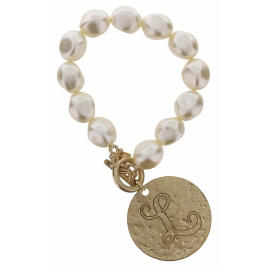 Pearl Stretch with Disk Initial "L" Bracelet
