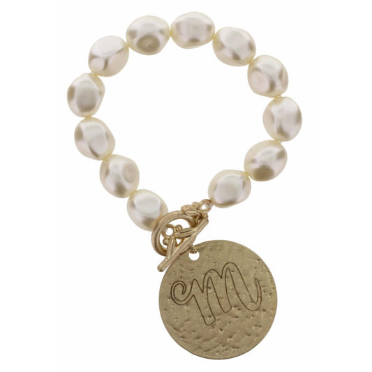 Pearl Stretch with Disk Initial "M" Bracelet