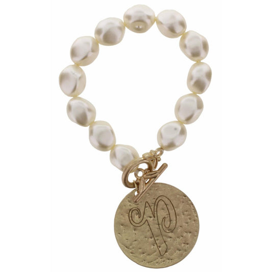 Pearl Stretch with Disk Initial "P" Bracelet