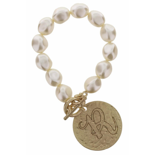 Pearl Stretch with Disk Initial "R" Bracelet