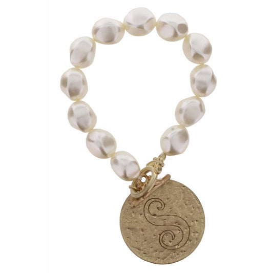 Pearl Stretch with Disk Initial "S" Bracelet