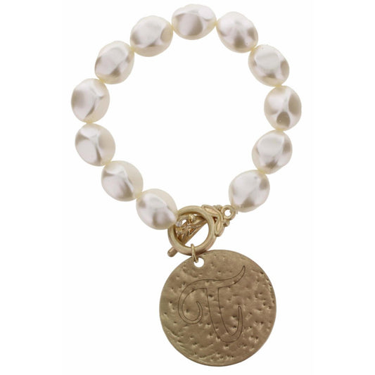 Pearl Stretch with Disk Initial "T" Bracelet