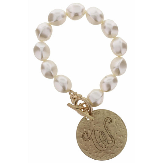 Pearl Stretch with Disk Initial "W" Bracelet