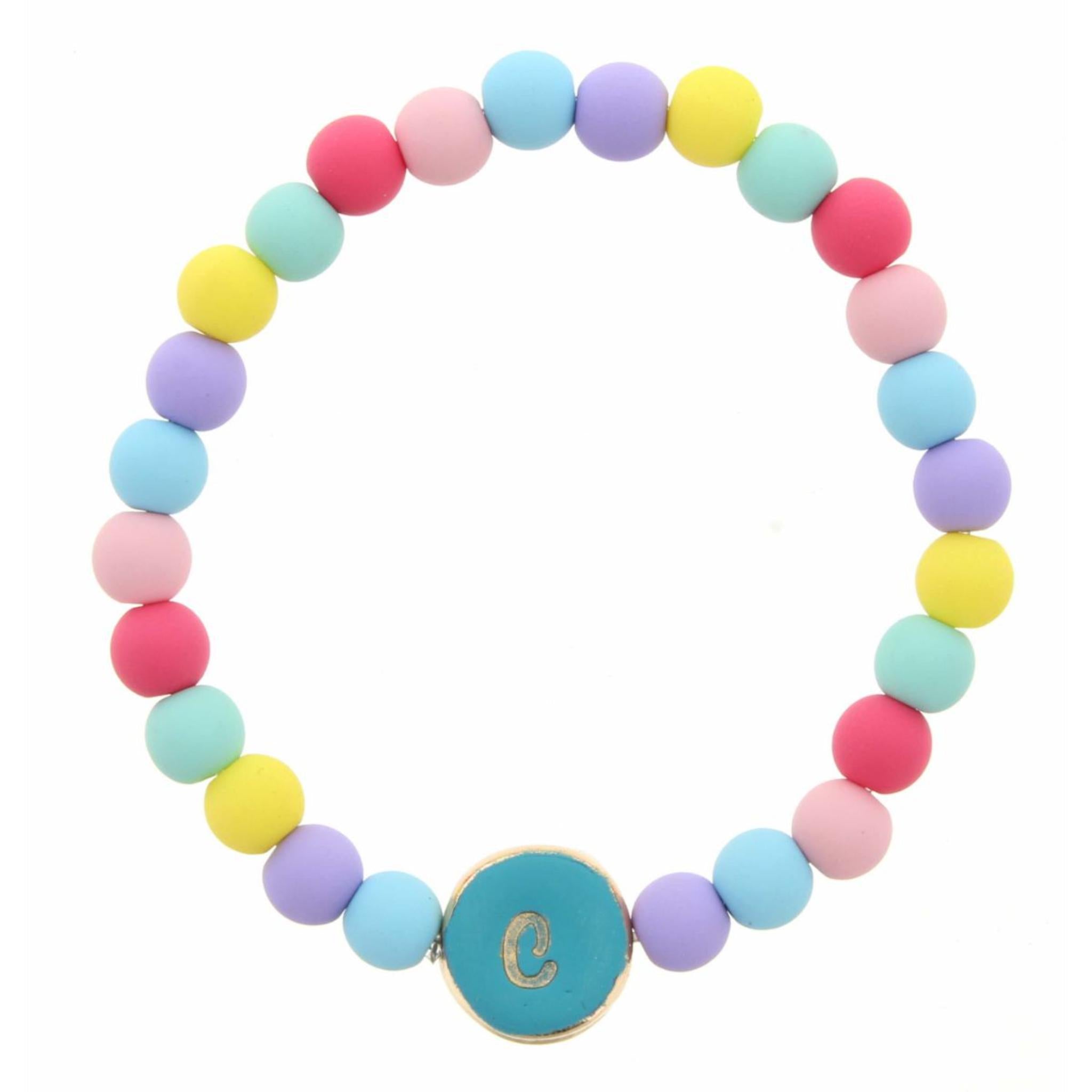 Kids "C" Turquoise Stamped Disk Multi Colored Beaded Stretch Bracelet