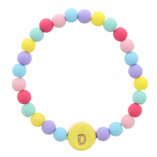 Kids "D" Yellow Stamped Disk Multi Colored Beaded Stretch Bracelet