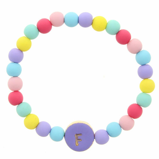 Kids "F" Purple Stamped Disk Multi Colored Beaded Stretch Bracelet
