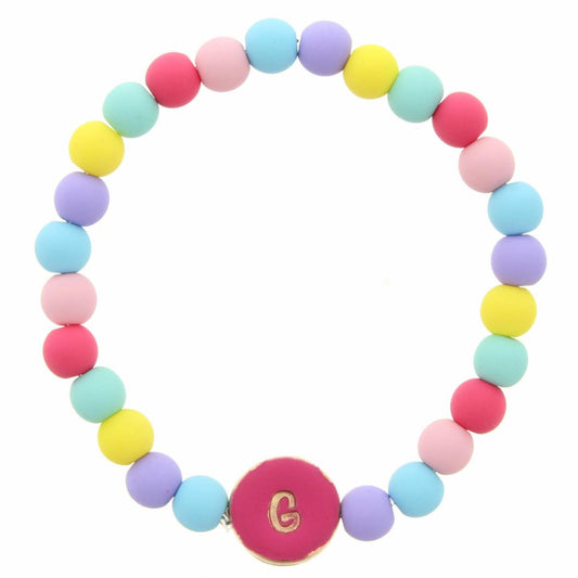 Kids "G" Pink Stamped Disk Multi Colored Beaded Stretch Bracelet