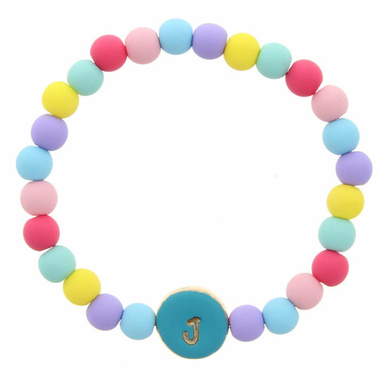Kids "J" Turquoise Stamped Disk Multi Colored Beaded Stretch Bracelet