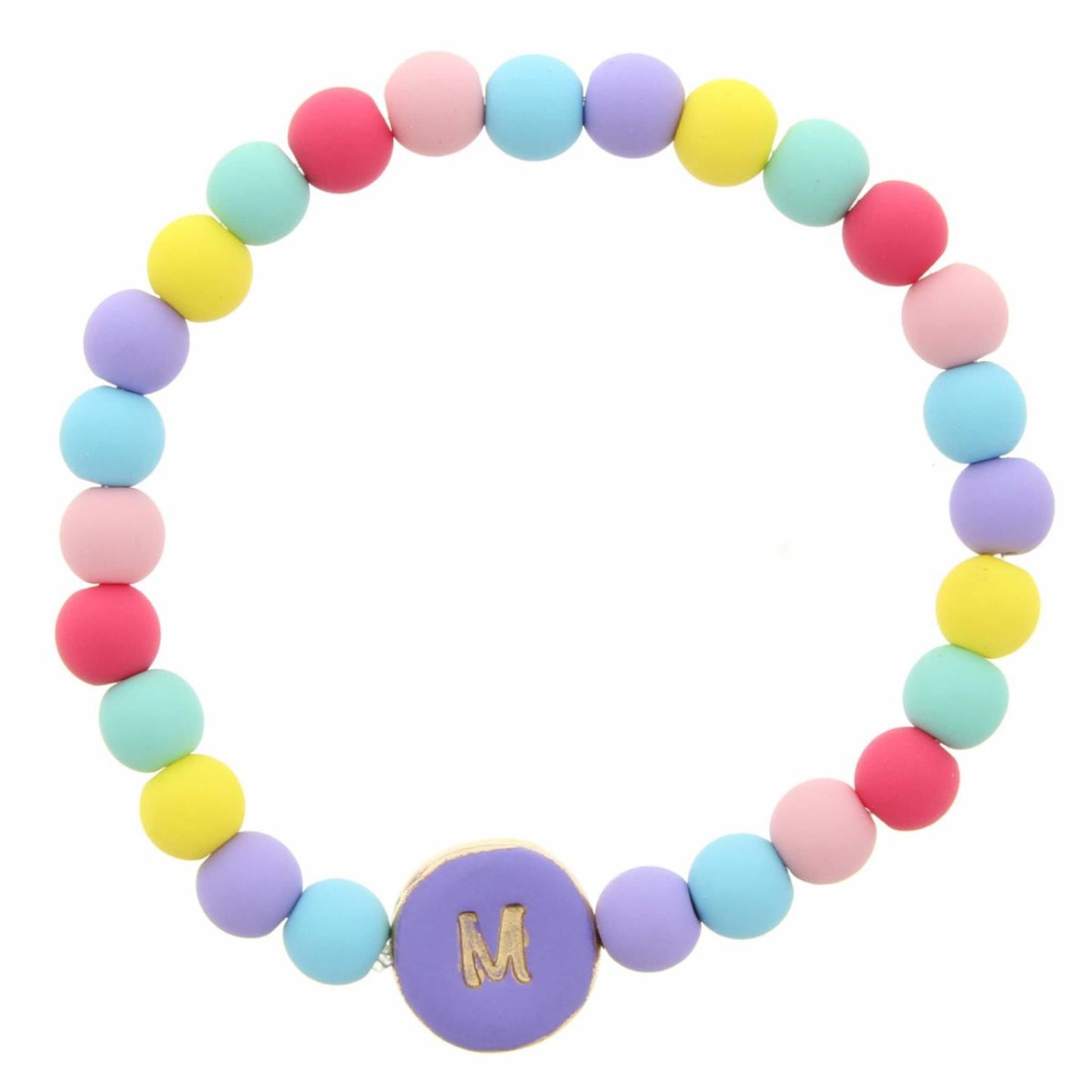 Kids "M" Purple Stamped Disk Multi Colored Beaded Stretch Bracelet