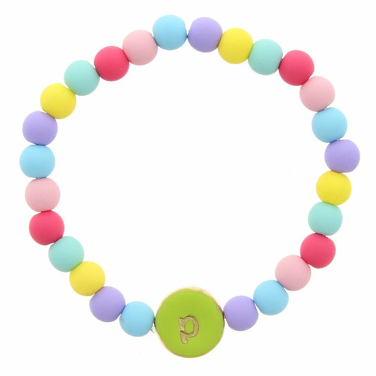 Kids "P" Lime Stamped Disk Multi Colored Beaded Stretch Bracelet