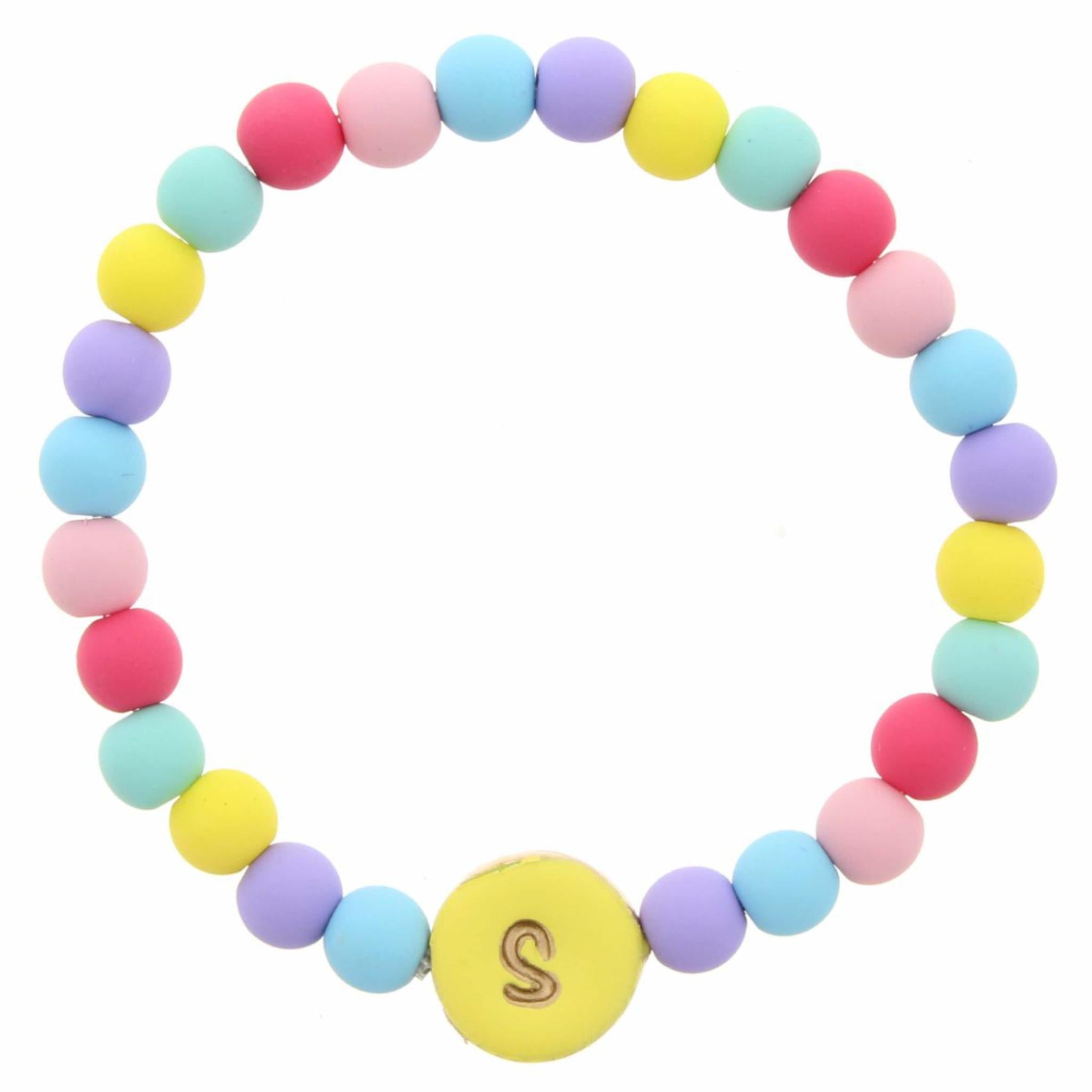Kids "S" Yellow Stamped Disk Multi Colored Beaded Stretch Bracelet
