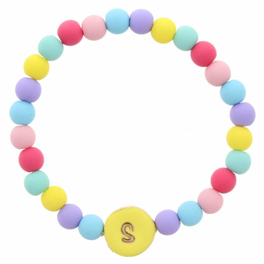Kids "S" Yellow Stamped Disk Multi Colored Beaded Stretch Bracelet