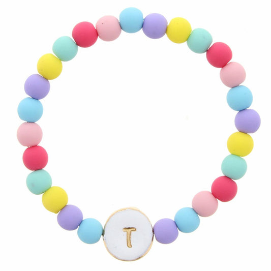 Kids "T" White Stamped Disk Multi Colored Beaded Stretch Bracelet