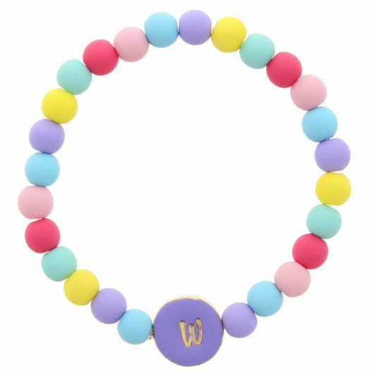 Kids "W" Purple Stamped Disk Multi Colored Beaded Stretch Bracelet