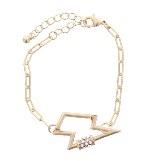 Gold Chain Link with Lightening Bolt with Rhinestone Accents Bracelet, 2" Ext.
