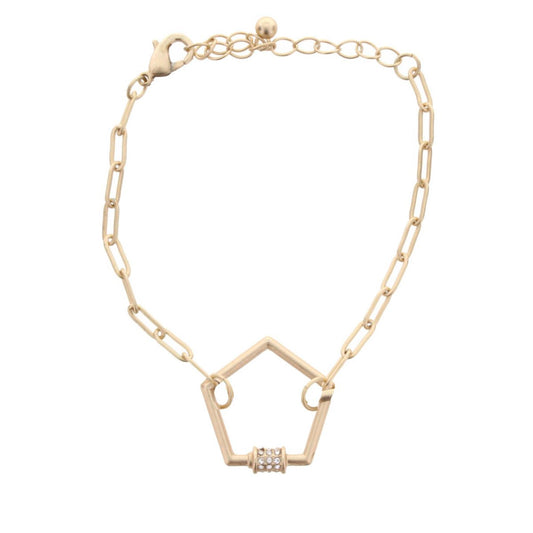 Gold Chain Link with Pentagon Carabiner with Rhinestone Accents Bracelet, 2" Ext.