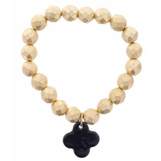 Faceted Gold Beaded Stretch, Jet Ceramic Quatrefoil Bracelet