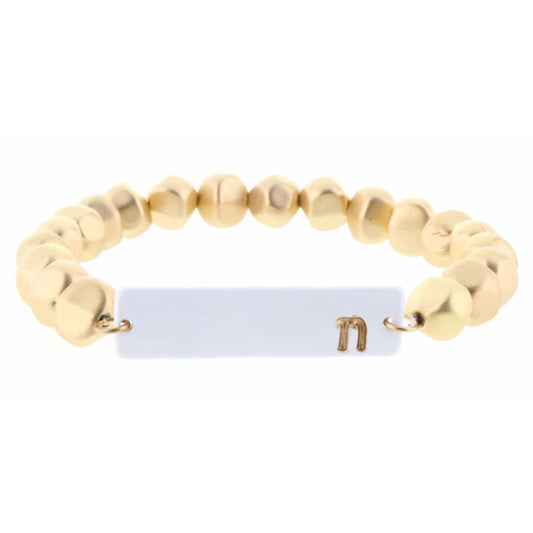 Gold Beaded Stretch, White Ceramic Rectangle with "N" Initial Bracelet