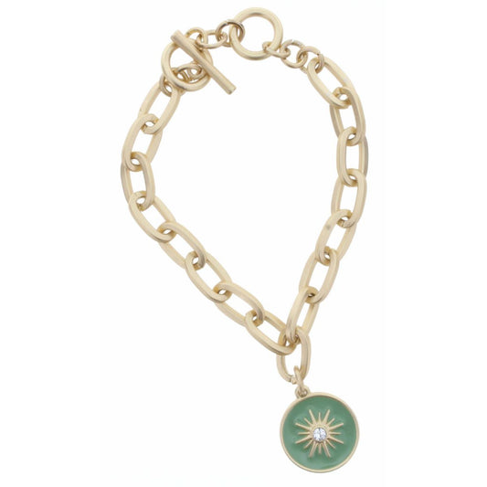 Gold Toggle Chain with Clear Czech Center Sun in Mint Green Enamel Charm Bracelet
