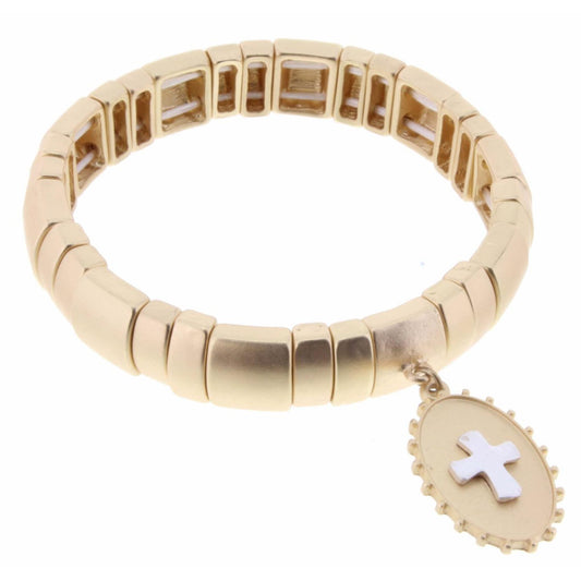 Gold Metal Beaded Stretch with Two Tone Cross Bracelet