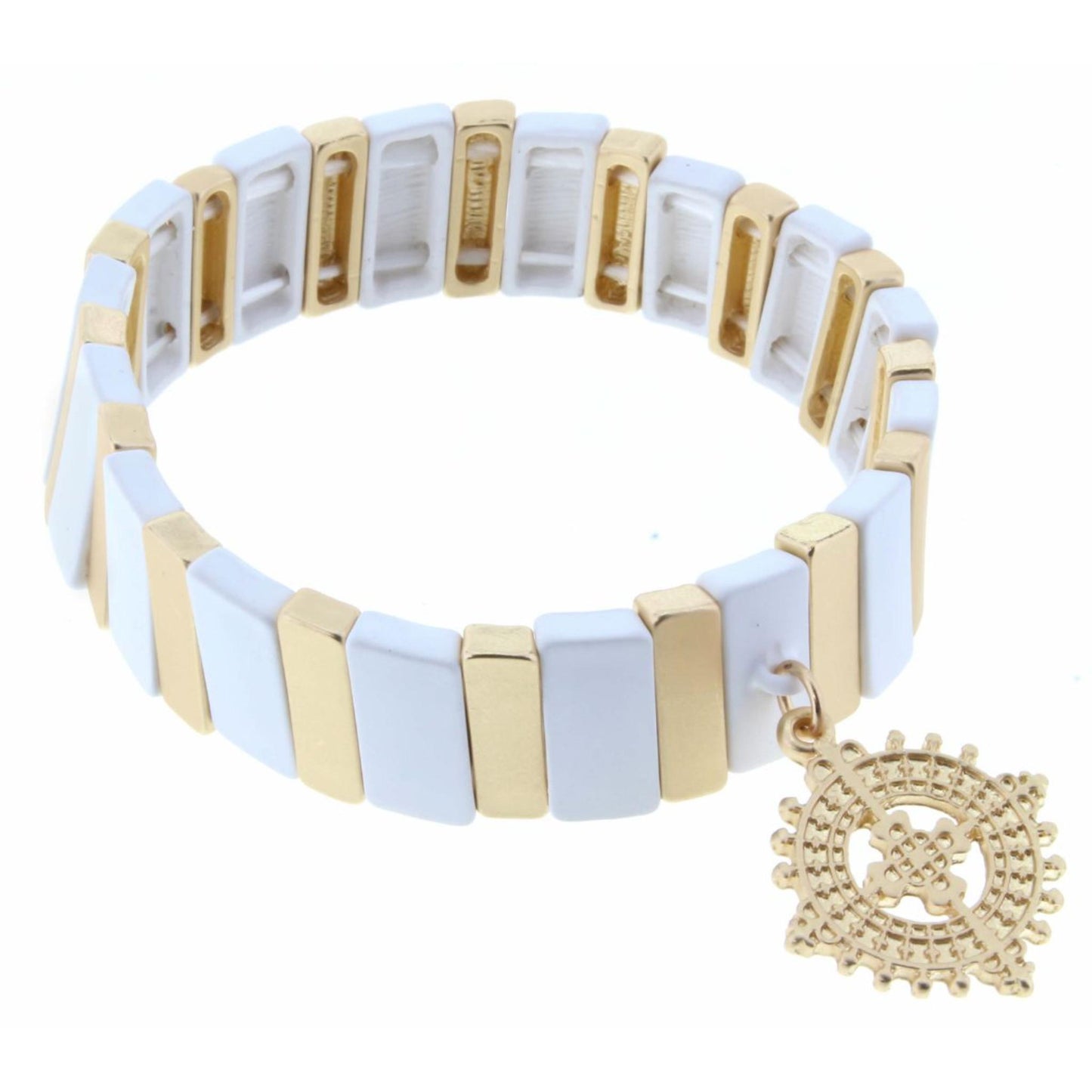 Gold & White Beaded Stretch with Ornate Cutout Circle Bracelet