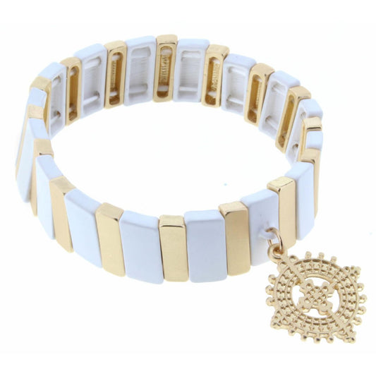 Gold & White Beaded Stretch with Ornate Cutout Circle Bracelet